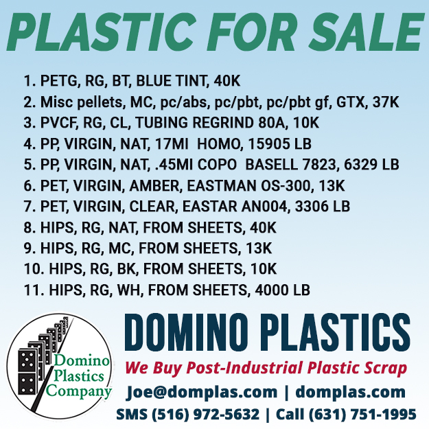 Domplas's tweet image. Now in-stock at Domino Plastics: PETG, Misc. Pellets, PP, PET, HIPS. Let us know the materials you require, sell your plastic scrap - contact us today - call (631) 751-1995, email Joe@domplas.com, visit domplas.com. #plasticforsale #rawplastic #regrind