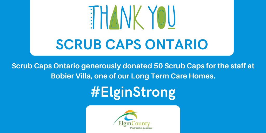 A HUGE thank you goes out to Scrub Caps Ontario who generously donated Scrub Caps for the staff at Bobier Villa, one of our Long Term Care Homes. We are so grateful for the #ElginStrong community that we live in. A positive reminder that we are #AllInThisTogether!!