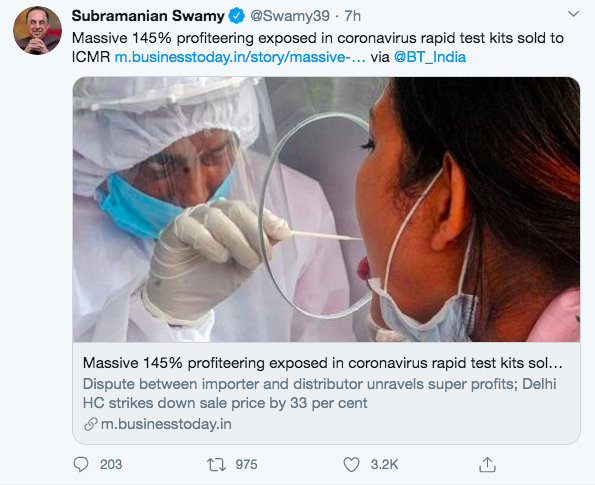 Claim: Massive 145% profiteering in coronavirus rapid test kits Fact:ICMR has not made any payment in respect of these supplies. Because of the due process followed, Indian got does not stand to lose a single rupee. @swamy39 seems like an ‘empty can’ making a lot of noise. 3/4