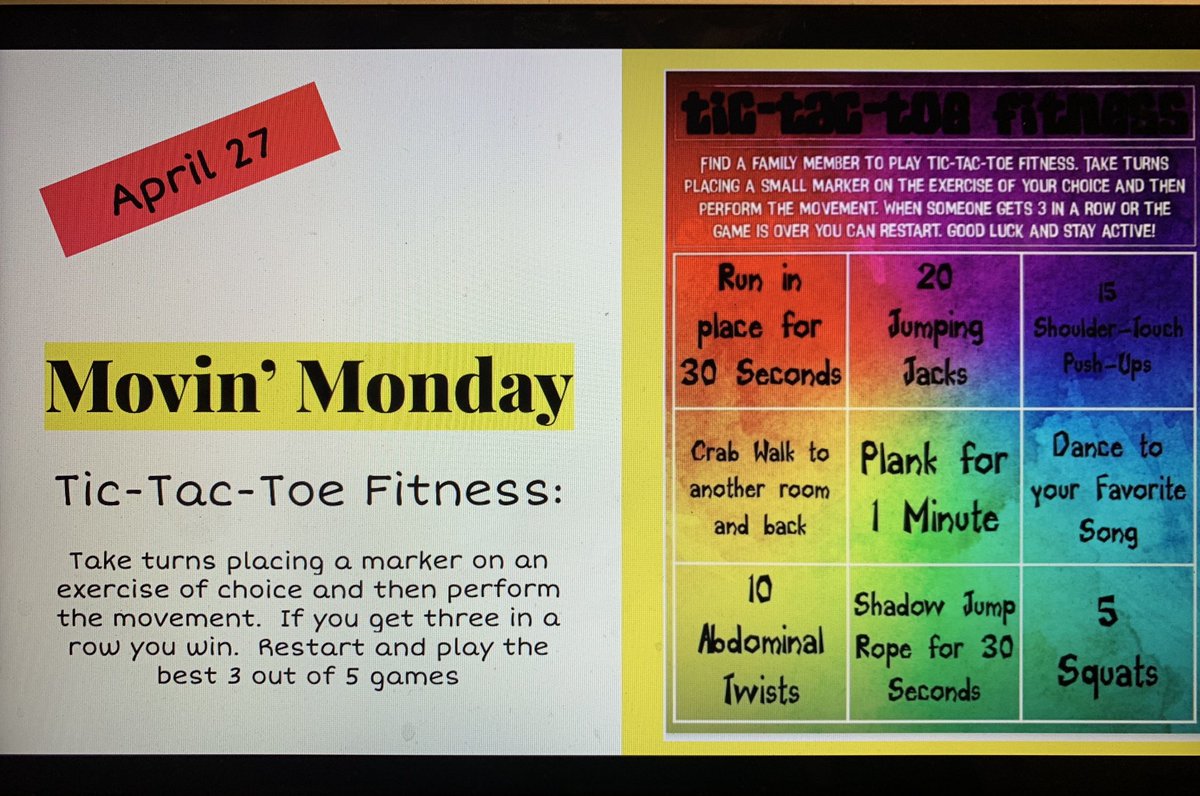 TES_Coach's tweet photo. Let’s get movin’ today with a game of Tic-Tac-Toe Fitness! #TESleads @GCISD_PE #tryingsomethingnew https://t.co/jF3dnLjBkE