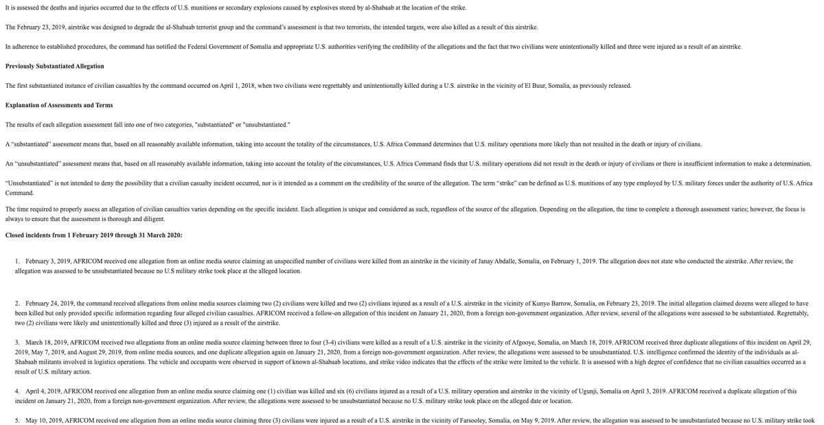 Meanwhile in SomaliaIn a new report on civilian casualty allegations in Somalia, AFRICOM acknowledges that a US airstrike on Feb. 23, 2019, killed 2 innocent people and injured 3 others. It deems 20 other such allegations to be false, and is still examining 7 incidents.