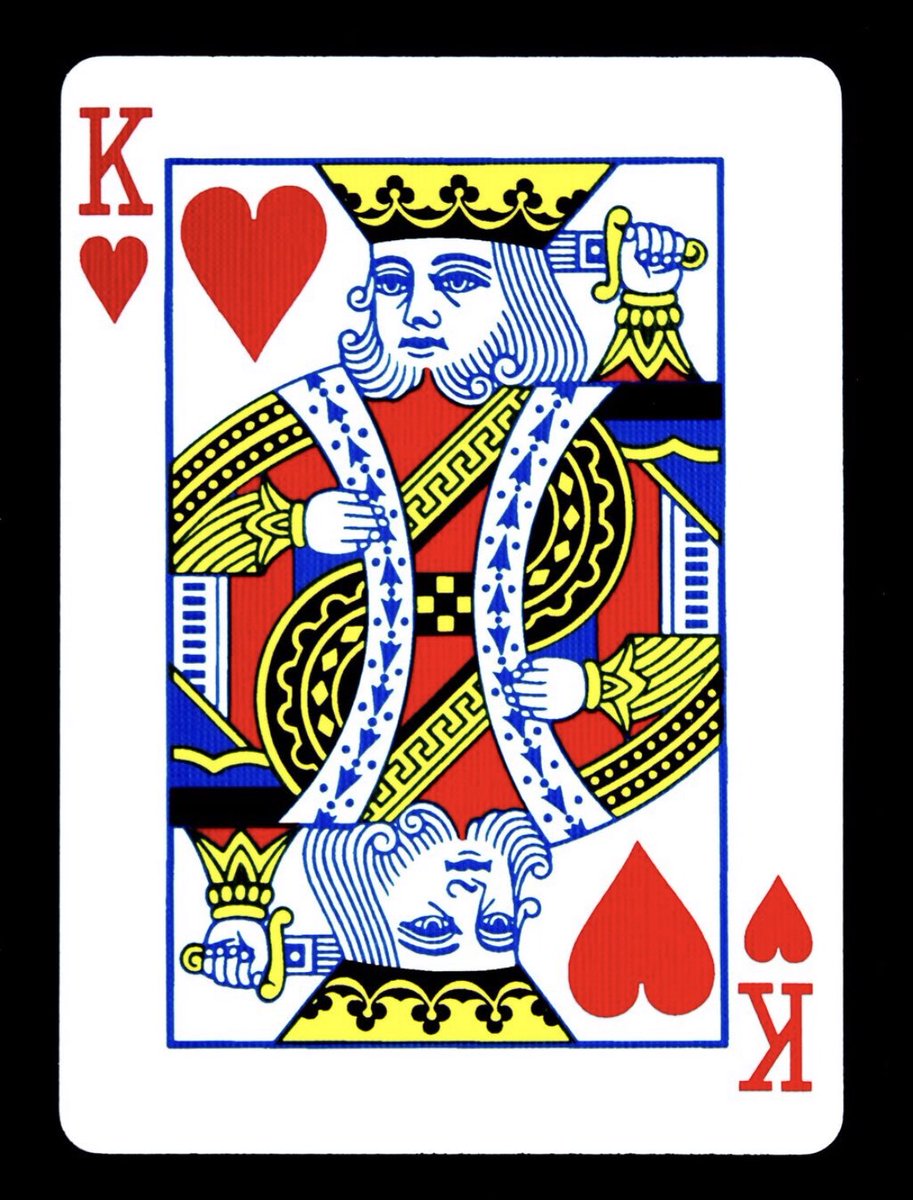 Now find the King of Hearts ...Look closely at the King of Hearts and you can see he seems to be beheading himself.But now look at his sleeves.The hand beheading the King doesn’t have the same sleeves as the King.