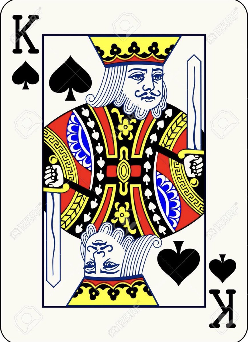 Let’s pick out a King facing the other direction...The King of Spades  Look—the King of Spades is the only King carrying a blade and, for some reason, we don’t see his sleeves.