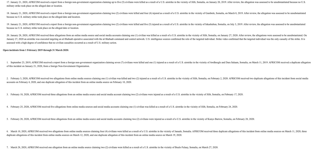 Meanwhile in SomaliaIn a new report on civilian casualty allegations in Somalia, AFRICOM acknowledges that a US airstrike on Feb. 23, 2019, killed 2 innocent people and injured 3 others. It deems 20 other such allegations to be false, and is still examining 7 incidents.