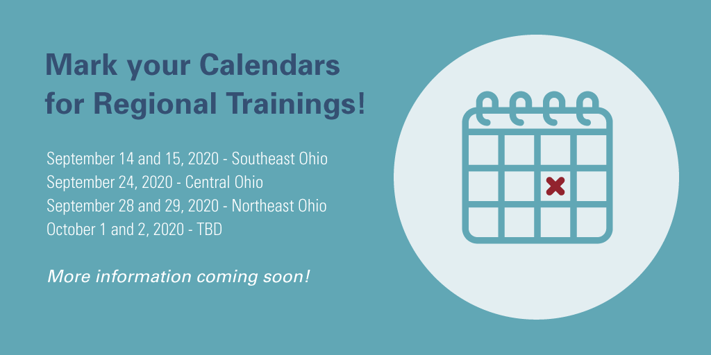 OHEdLeadership's tweet photo. Mark your Calendars for Regional Trainings! 
September 14 and 15, 2020 - Southeast Ohio
September 24, 2020 - Central Ohio
September 28 and 29, 2020 - Northeast Ohio
October 1 and 2, 2020 - TBD
More information coming soon! #OhioEd #OhioEdChat https://t.co/f7lAqRlXYx