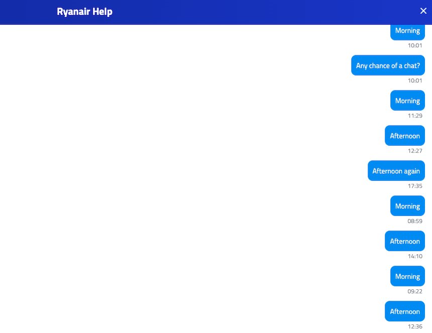 Cazmay082's tweet photo. Standard live chat with @Ryanair, it's been pretty one way since Friday. Comically titled @Ryanair Help. @UK_CAA #NoVouchers #RefundPassengers https://t.co/BFtV2NNVWT