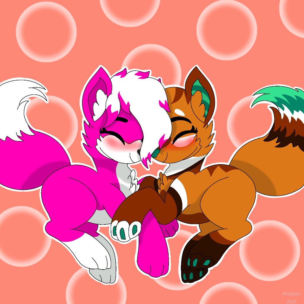 Here is a lil gift for <a href="/DeltaRedWolf/">Delta</a> of her wolf and my fox oc 😋❤️
drawn by my cute sis @Pinkpetu1