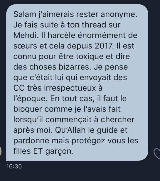 C’est pourquoi, je vous conseille sincèrement, mes frères et sœurs, de le bloquer, de le signaler, lui ainsi que toute sa bande : @Mehdi_mni @coranhadiths_ @lasaintelecture @veemm36 @PudeurMan @Youssefbnss @AbuMugiwaraPour ne citer qu’eux.Je mets d’autres preuves en bas