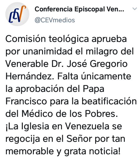 diariodlosandes's tweet photo. #27Abr La Conferencia Episcopal Venezolana informó en Twitter que la "Comisión teológica aprueba por unanimidad el milagro del Venerable Dr. José Gregorio Hernández. Falta únicamente la aprobación del Papa Francisco para la beatificación del Médico de los Pobres" #Trujillo https://t.co/LnlCja69xr