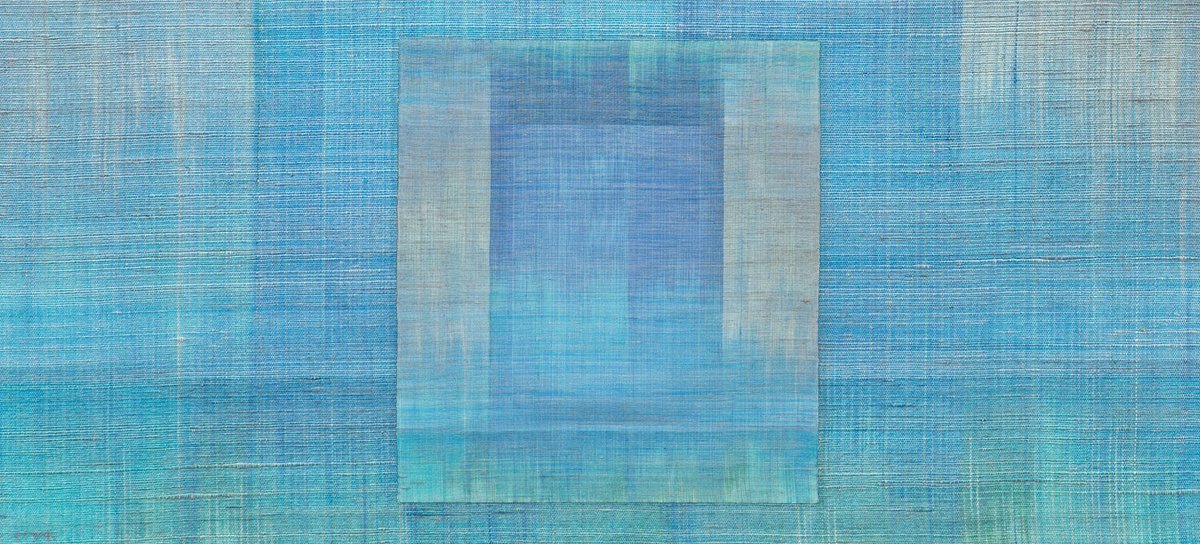 Woven ikat textile works by American artist Polly Barton, c. 2010s, who creates abstract "drawings in thread"