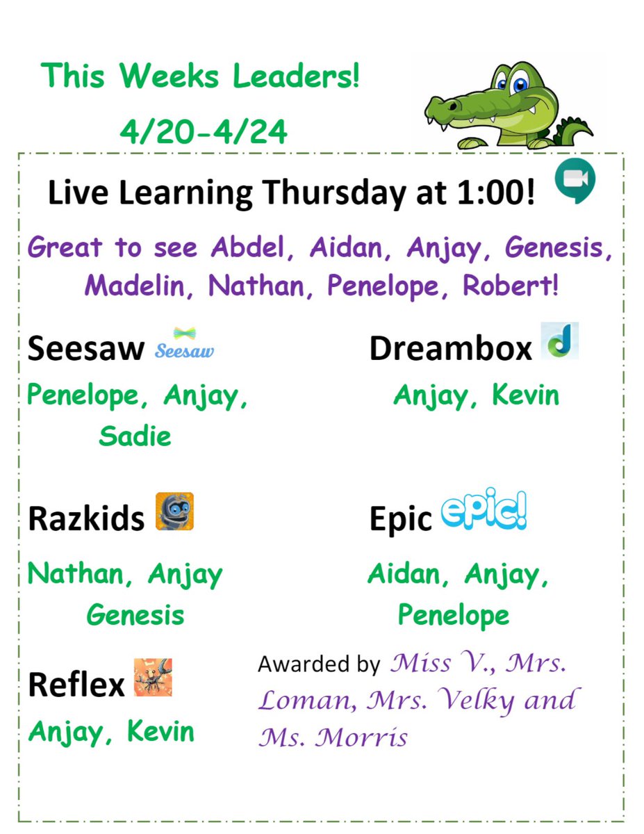 It was great to see all of the learning last week and have 8 gators in the live learning! Can you get your name on the leader board this week? Can’t wait to see you online! <a href="/GuilfordEle/">Guilford Elementary School</a> #gatorsdeserveit20