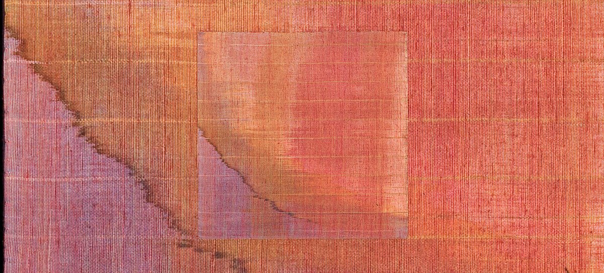 Woven ikat textile works by American artist Polly Barton, c. 2010s, who creates abstract "drawings in thread"