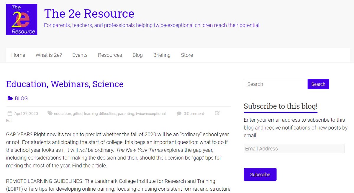 NEW BLOG ITEMS, a couple on education, some on webinars/events, and some science/medicine. #2ekids 2eresource.com/2020/04/27/edu…