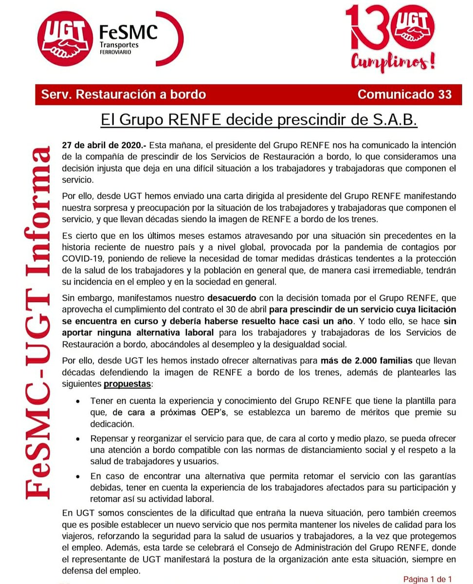 UGTferrovialBCN's tweet photo. Os imagináis un tren que circula durante 15 horas sin cafetería? Os imagináis una evacuación de un tren sin personal de tripulación? Os imagináis menores sin acompañar y sin tripulación que se ocupe de ellos? Renfe si se lo imagina! https://t.co/9sDGGx84xG