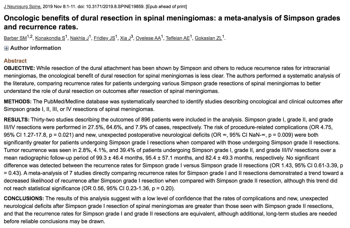 Michael Galgano MD (@mgalganomd) on Twitter photo Top flight lecture today on intradural tumors by <a href="/alibaajmd/">Ali A. Baaj MD</a> <a href="/virtualspine/">Virtual Global Spine Conference</a> !
Nice paper by Dr. Gokaslan and the team at Brown University in reference to the question earlier on whether or not there is an oncologic benefit in excising the dura w/ spinal meningiomas Top flight lecture today on intradural tumors by <a href="/alibaajmd/">Ali A. Baaj MD</a> <a href="/virtualspine/">Virtual Global Spine Conference</a> !
Nice paper by Dr. Gokaslan and the team at Brown University in reference to the question earlier on whether or not there is an oncologic benefit in excising the dura w/ spinal meningiomas