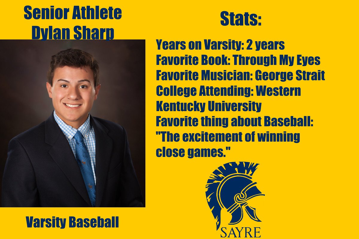 We continue to honor our senior athletes as they navigate uncharted territory to end their final year. “Like” to congratulate Senior baseball player Dylan Sharp! #teamsayre