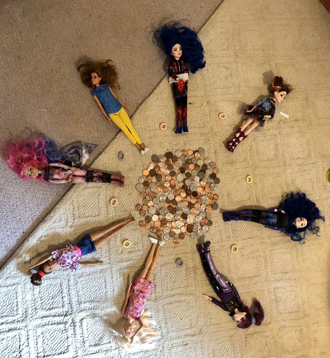 iamheck's tweet photo. A mendahla (or should we say men”doll”a) featuring the many Barbies, hair bands, and loose change of Ada H @JarvisartHMES @Mrs_Hanrahan https://t.co/gQGCVpjFWq