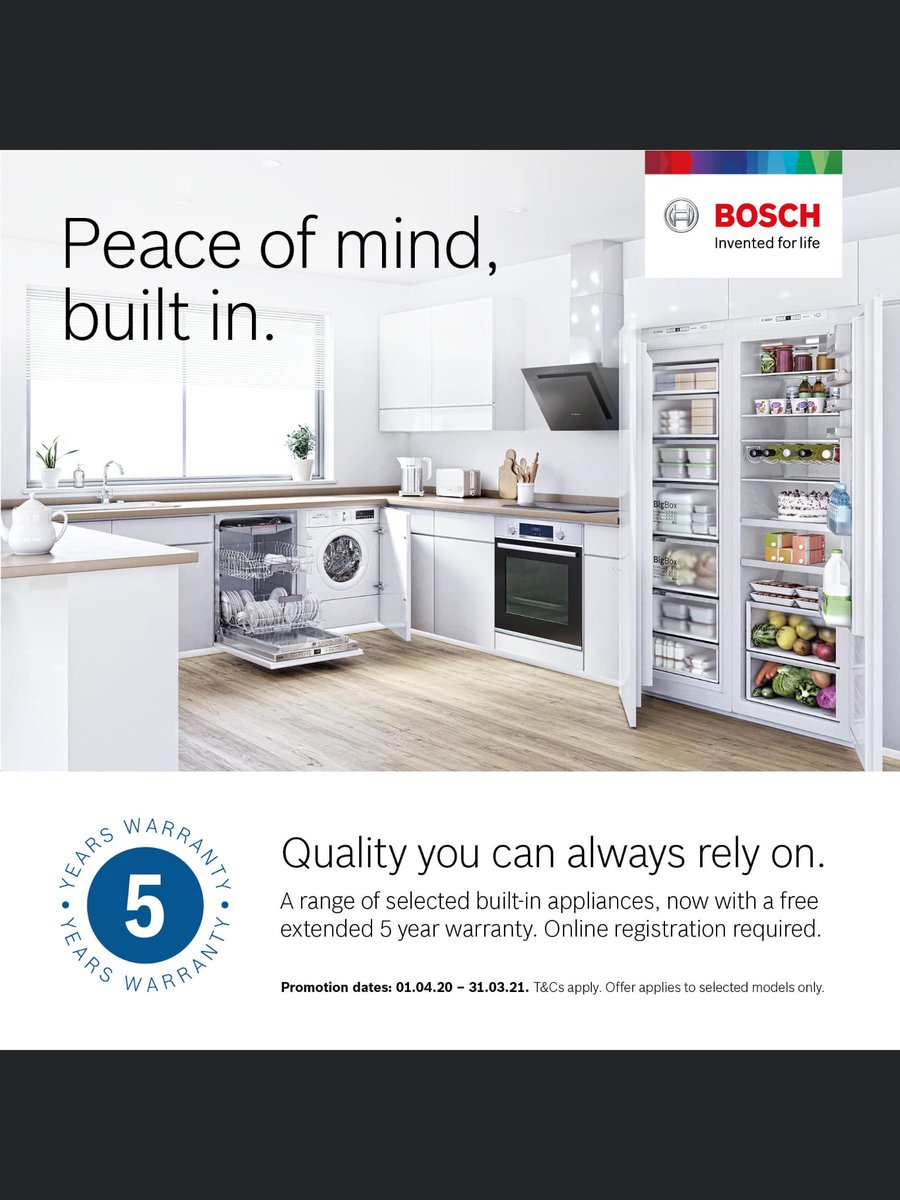 Want more peace of mind when you buy your new appliance? Bosch products  are built to last, which is why they offer a 5 year warranty across a selected number  of appliances. Online Registration required, T&amp;C’s apply.⠀
 ⠀
#Boschhomeuk #peaceofmind #5yearwarranty
