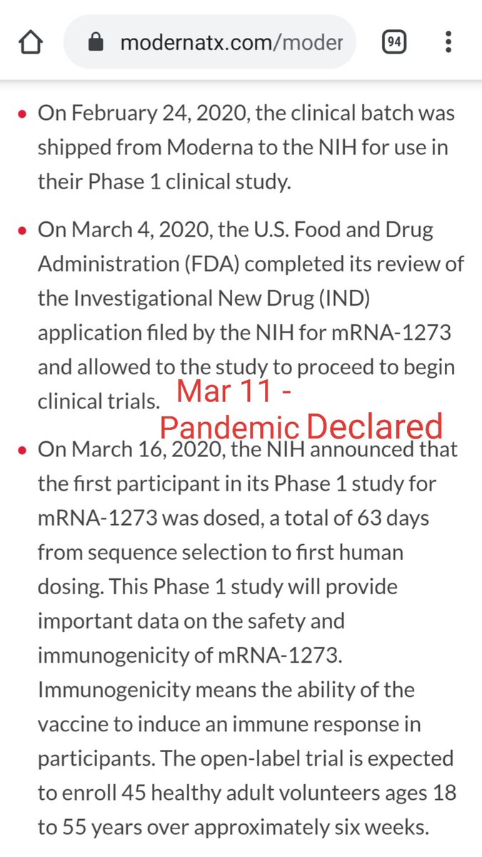 Am I missing something?? 1) The NIH was able to get the FDA to review and approve clinical trial applications for an experimental mRNA vaccine a week before the WHO declared Covid-19 a pandemic? #Plandemic #IWillNotBeVaccinated #IWillNotBeChipped