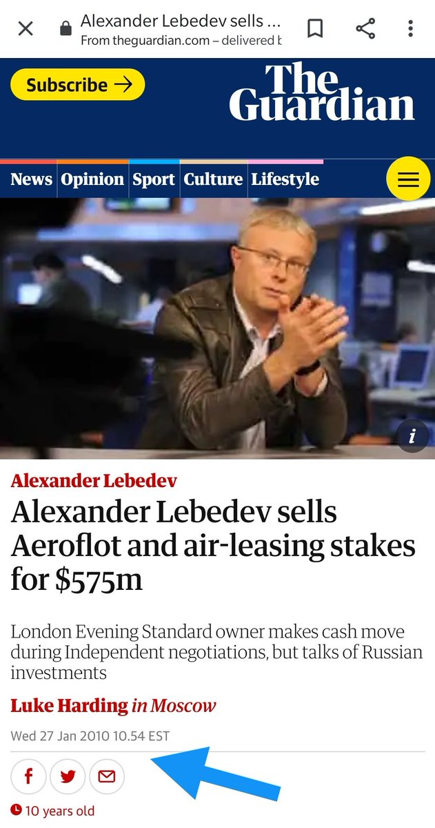 1) In 2010 before buying the loss making The Independent, Alexander Lebedev sold his stake in Russia's state owned Aeroflot & Ilyushin back to the govt for a combined £750 Mn. Importantly, a few months prior he didn't have funds to pay salaries in his Russian paper Novaya Gazeta