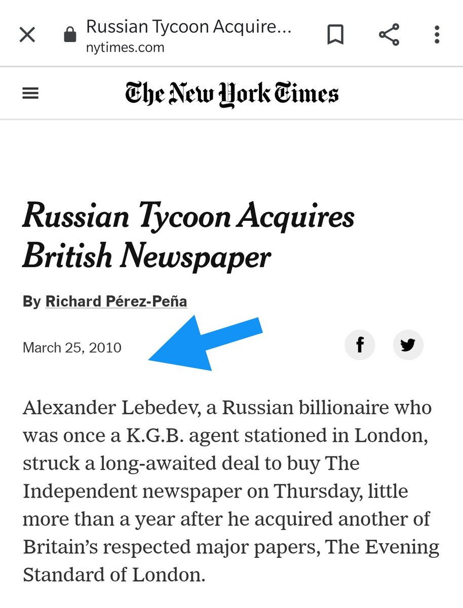 1) In 2010 before buying the loss making The Independent, Alexander Lebedev sold his stake in Russia's state owned Aeroflot & Ilyushin back to the govt for a combined £750 Mn. Importantly, a few months prior he didn't have funds to pay salaries in his Russian paper Novaya Gazeta