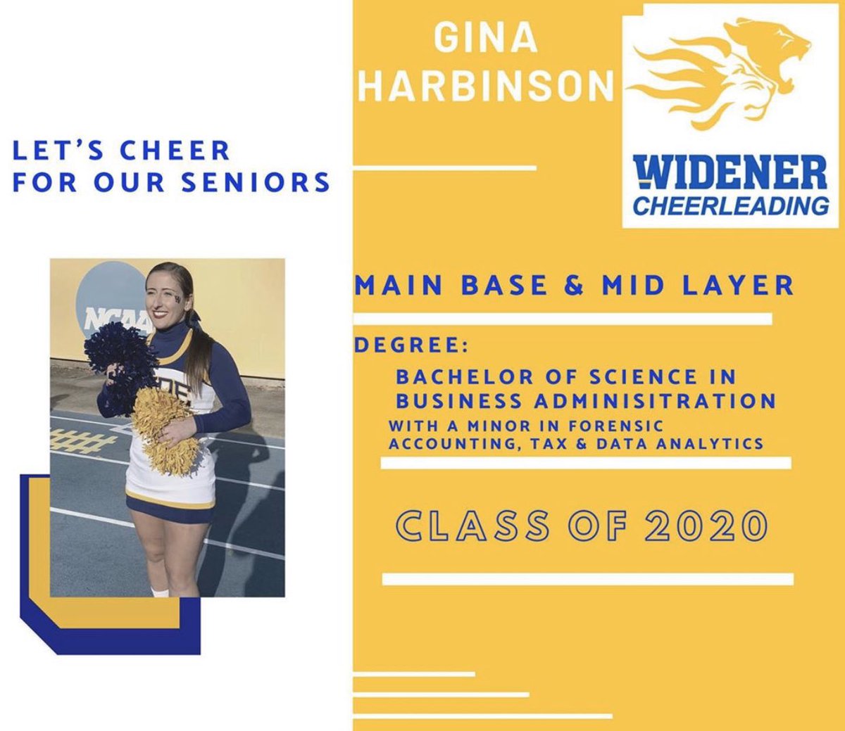 widenersba's tweet photo. Congratulations to Widener SBA Senior Gina Harbinson! Gina led her cheerleading team to back-to-back national runner-up finishes while still finding time to serve as a Widener SBA Student Ambassador. 

#WidenerSBA https://t.co/cXlMQdW2mv