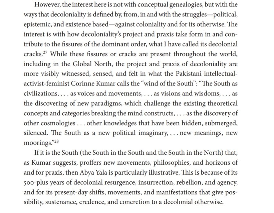 "While these fissures or cracks are present throughout the world, including in the Global North, the project and praxis of decoloniality are more visibly witnessed, sensed, and felt in what the Pakistani intellectual-activist-feminist Corinne Kumar calls the “wind of the South”