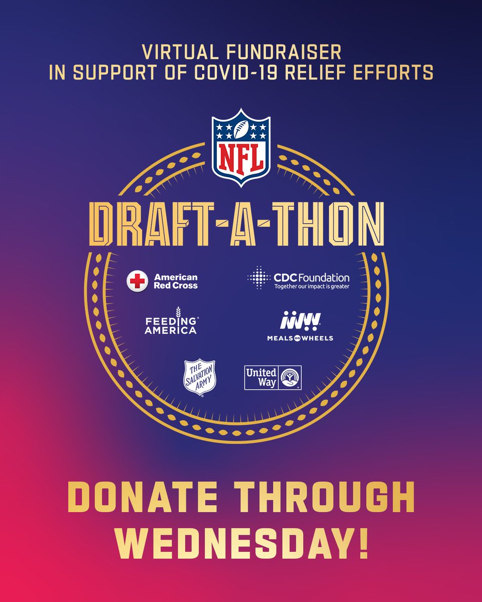NFL's tweet photo. The NFL Family has collectively raised more than $100M for COVID-19 relief.
Keep donating through Wednesday as part of #DraftAThon!
Head to https://t.co/t5JVKzAOtj https://t.co/dcj0vtjoPG