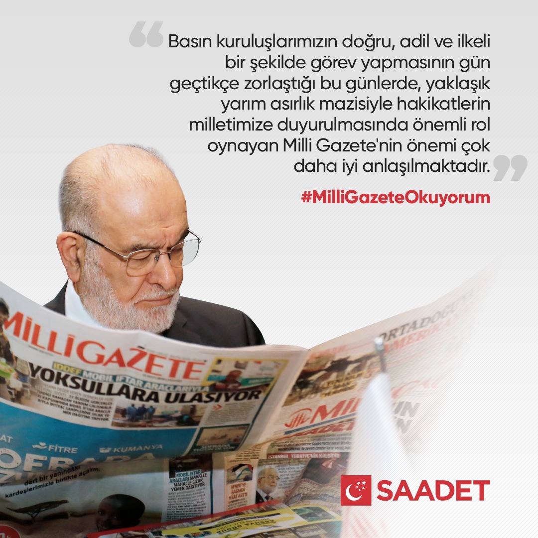 SaadetPartisi's tweet photo. Genel Başkanımız Temel Karamollaoğlu: "Günümüzde Milli Gazete'nin önemi çok daha iyi anlaşılmaktadır." 

#MilliGazeteOkuyorum https://t.co/ZPar2Yqupa