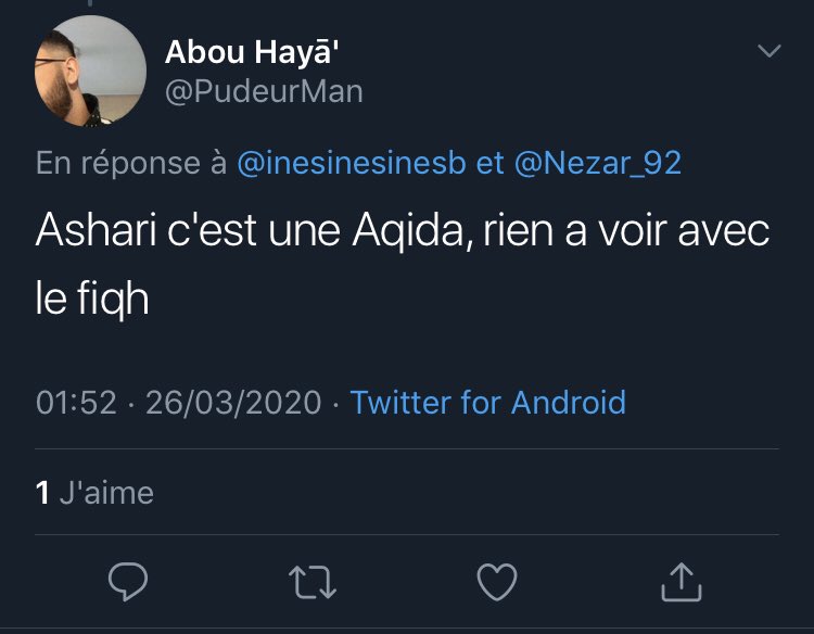  @pudeurman qui fait clairement l’éloge du asharisme.Rappel : le ash’arisme est une grande secte égarée, qui ont une croyance déviante, notamment en déformant le sens des Noms et Attributs d’Allah suivant des principes émanants de la philosophie grecque