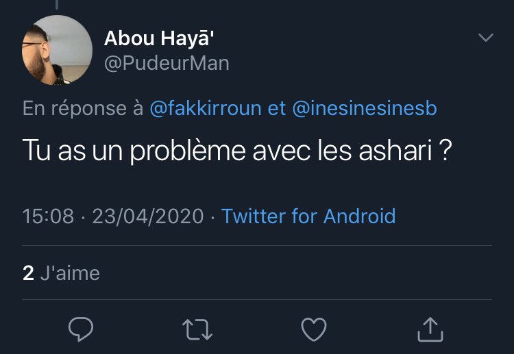  @pudeurman qui fait clairement l’éloge du asharisme.Rappel : le ash’arisme est une grande secte égarée, qui ont une croyance déviante, notamment en déformant le sens des Noms et Attributs d’Allah suivant des principes émanants de la philosophie grecque