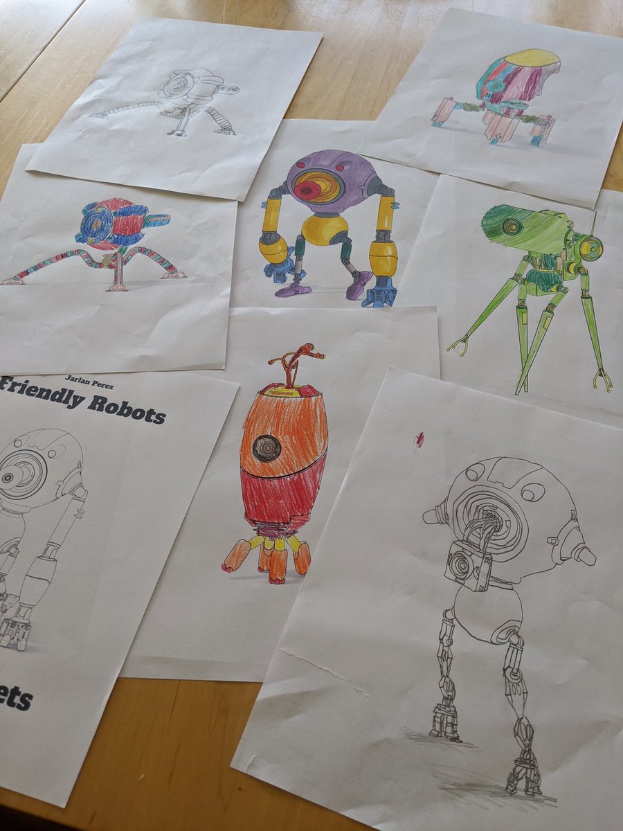 LucaPrasso's tweet photo. Kids having a blast coloring #FriendlyBots by the super talented @JarlanPerez
Including my first Copic Marker foray on the wrong paper...
Noah started drawing a remix before ripping the paper by mistake... https://t.co/UkbV8DMUXy