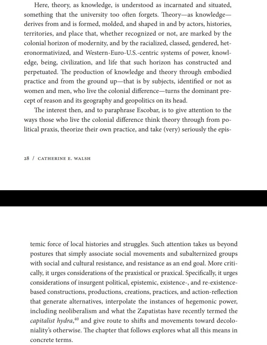 "The production of knowledge and theory through embodied practice and from the ground up—that is by subjects, identified or not as women and men, who live the colonial difference—turns the dominant precept of reason and its geography and geopolitics on its head."