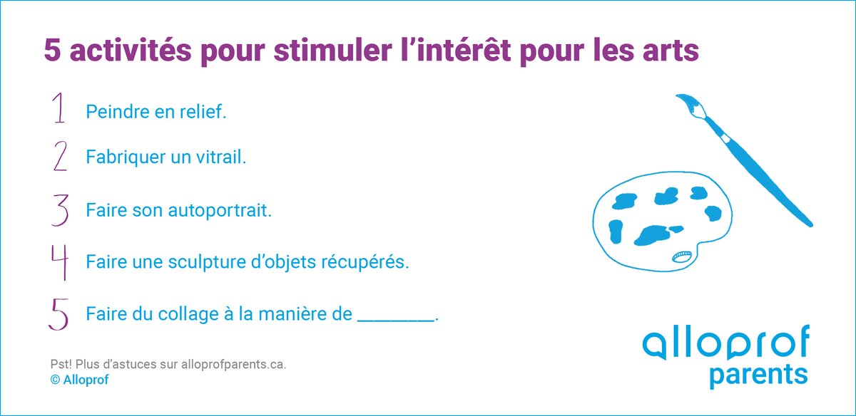 [ ON S'AMUSE AVEC LES ARTS ] 🎭 🎨Alloprof Parents vous propose quelques activités pour initier votre enfant à l’art et stimuler son intérêt pour ce langage universel. 🎭 🎨 N'hésitez pas à partager avec vos amis parents! ow.ly/ybZ550zhrpS #arts #eduQC #culture