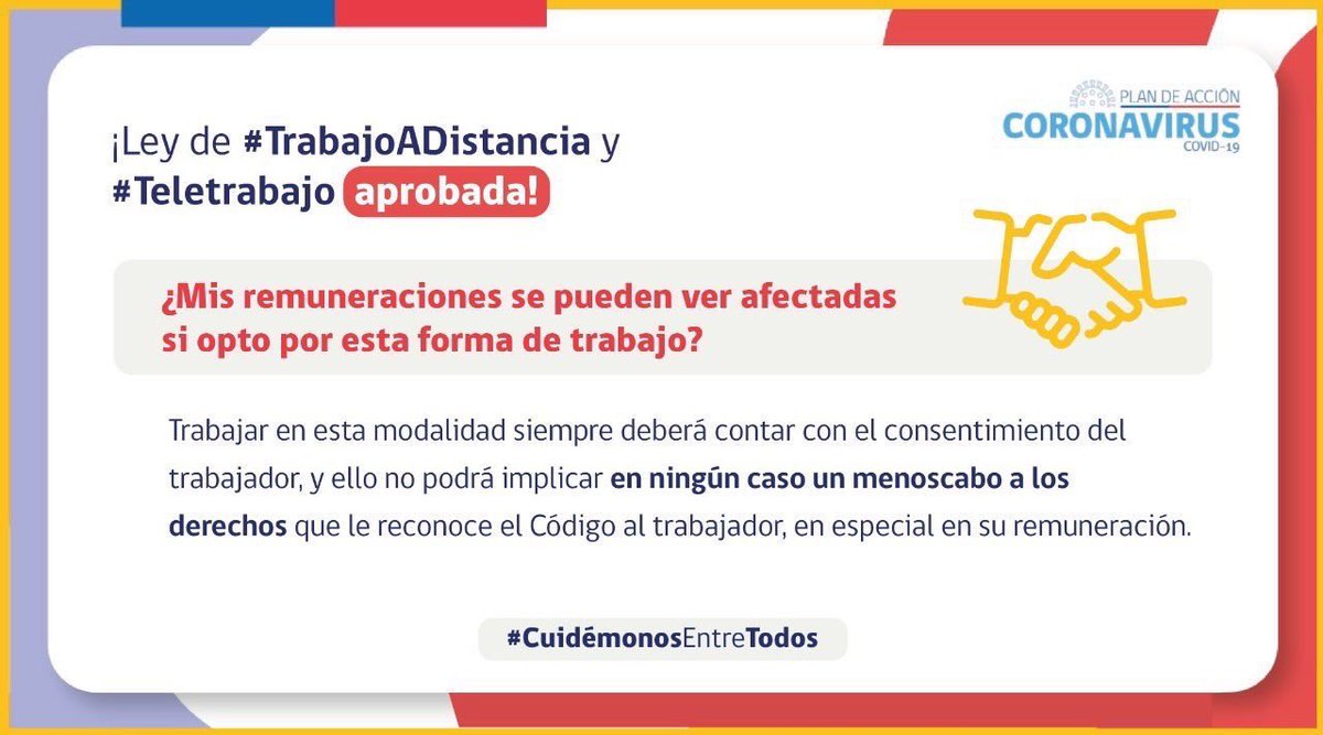 Mis remuneraciones se pueden ver afectadas si opto por el #TrabajoADistancia o el #Teletrabajo 🤔? Trabajar bajo esta modalidad siempre deberá contar con el consentimiento del trabajador y ello no podrá implicar en ningún caso un menoscabo en sus remuneraciones.