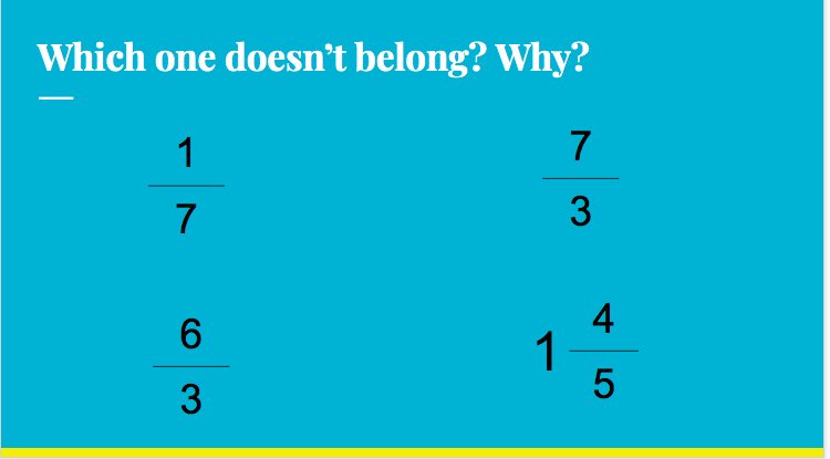 In my virtual math small groups tomorrow, going to try out a “which one doesn’t belong?” with fractions. This is my first attempt at making one. I think there is a reason why each doesn’t belong... #iteachmath #MTBoS