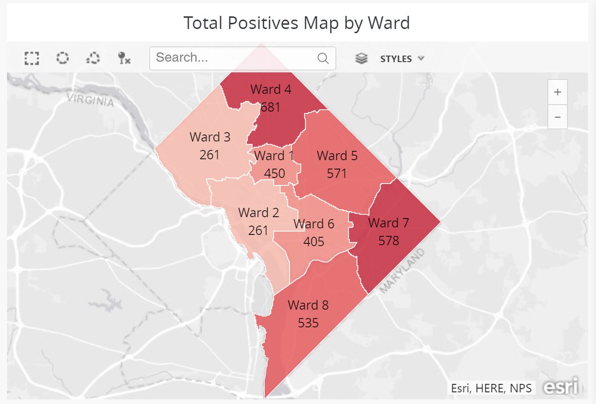 Illustration map of total DC eight ward positive coronavirus cases.  Ward 1 has 450 cases, ward 6 has 261 cases, ward 3 has 261 cases, ward 4 has 681 cases, ward 5 has 571 cases, ward 6 has 405 cases, ward 7 has 578 cases and ward 8 has 535 cases.