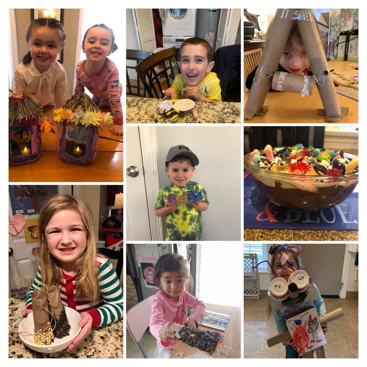 Last week, preschool celebrated Earth Day.  Here are some of their amazing results!!  Bird feeders, fairy houses, robots, recycled art, and dirt dessert!I miss these smiling faces! #wbwildcats <a href="/mattosprek/">Jodi Mattos</a> @MikolazykWBPS