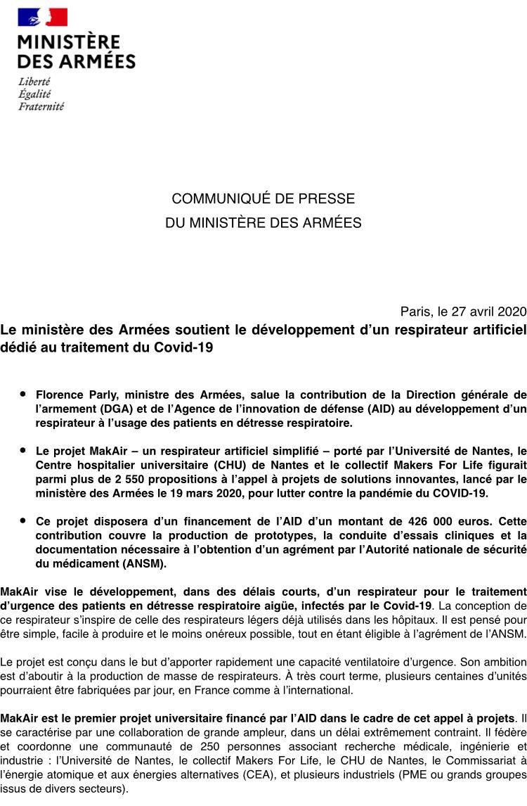 Armees_Gouv's tweet photo. Le ministère des Armées soutient le développement d’un respirateur artificiel dédié au traitement du #COVID19
▶️ Projet MakAir : porté par l’@UnivNantes, CHU de Nantes et le collectif Makers For Life 
▶️ Financement de l’@Agence_ID : 426 000€
#TousMobilisés #FranceUnie https://t.co/50JumzEHjw