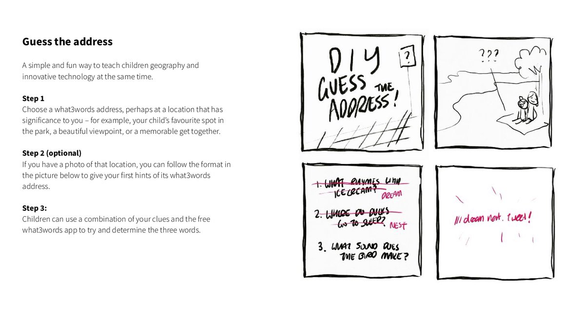 Flyer that explains the concept of the what3words guess the address game. Can be accessed via the link in tweet.