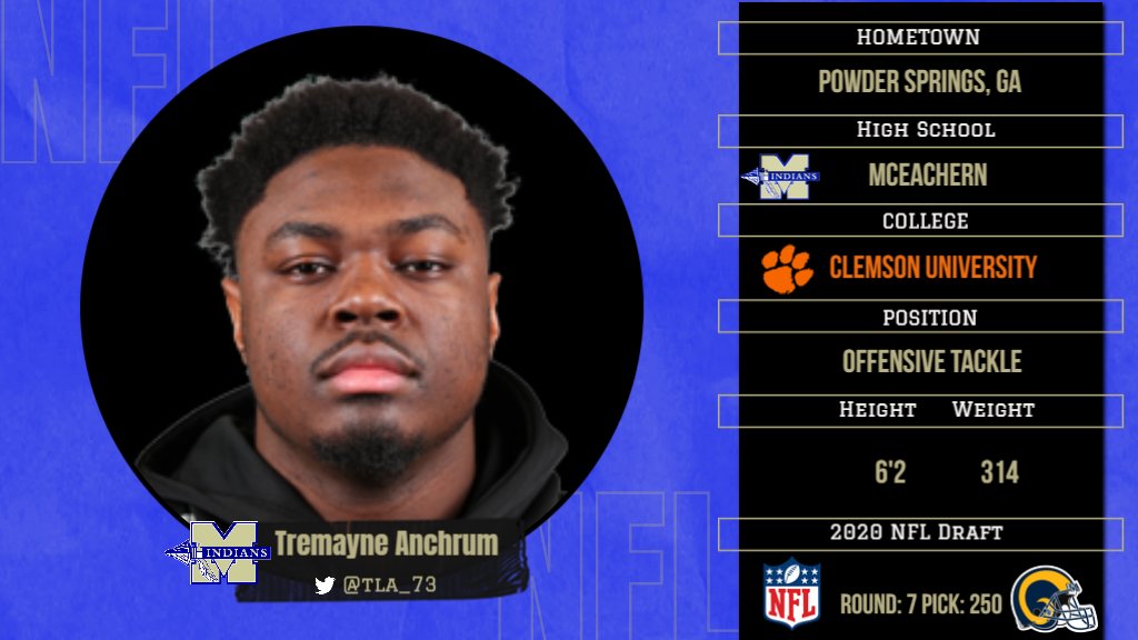 Congrats to McEachern alumni @tla_73 on being selected by the @RamsNFL in the 7th round of the 2020 @NFL draft. #goldblooded @McEachernFtball