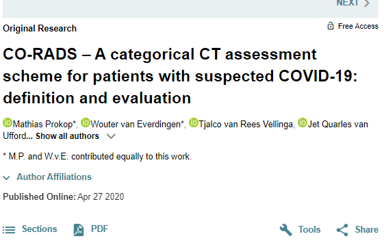 RadiologyEditor's tweet photo. RADIOLOGY New:  Validation of CO-RADS for classifying #COVID19 19 on chest CT; 8 observers, validation with RT-PCR results.  https://t.co/bQHCggHRwX #CTRad #radiology @radiology_rsna https://t.co/dwPS2YYQwh
