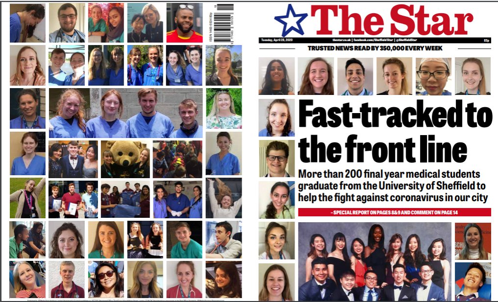 SheffieldStar's tweet image. Tomorrow's front page celebrates more than 200 final year medical students from the University of Sheffield who have just graduated &amp;amp; will now join the front line fight against coronavirus. There's also a special two page report inside. Thank you to each and every one of them 💙