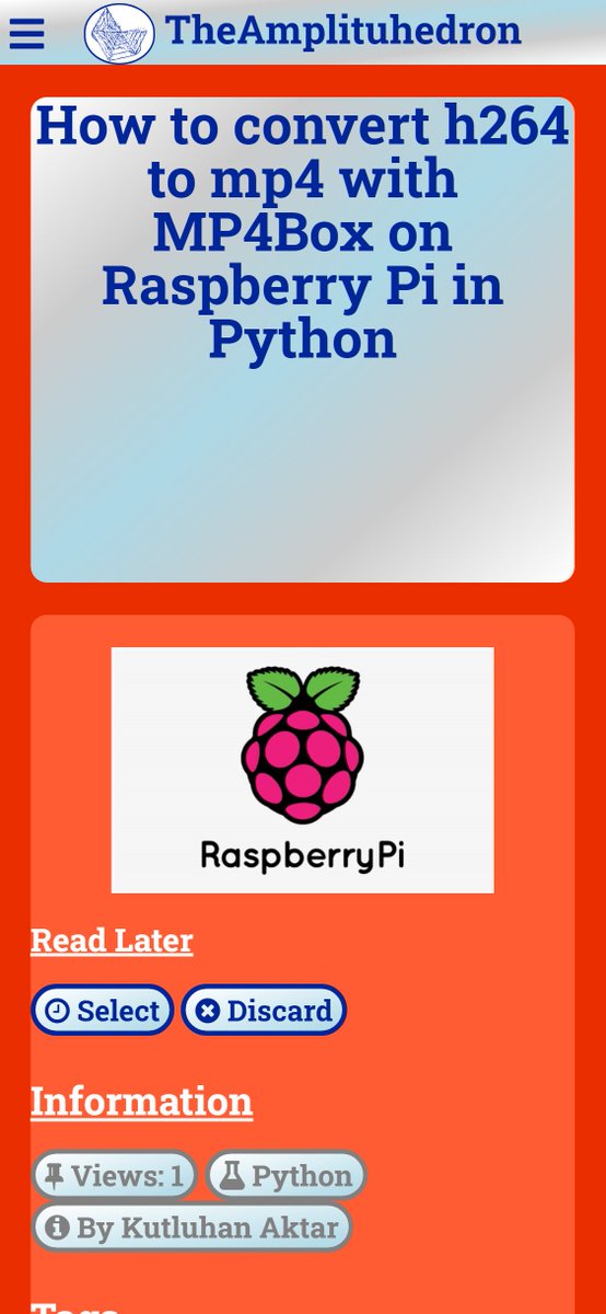 KutluhanAktar's tweet image. In this #tutorial, I will show you how to convert a raw H264 video stream to the MP4 format using #MP4Box, captured by Raspberry Pi.

theamplituhedron.com/articles/How-t…

#Python #code #coding #raspberrypi #programming #h264 #mp4 #terminal #camera #image #video #capture #developer #command