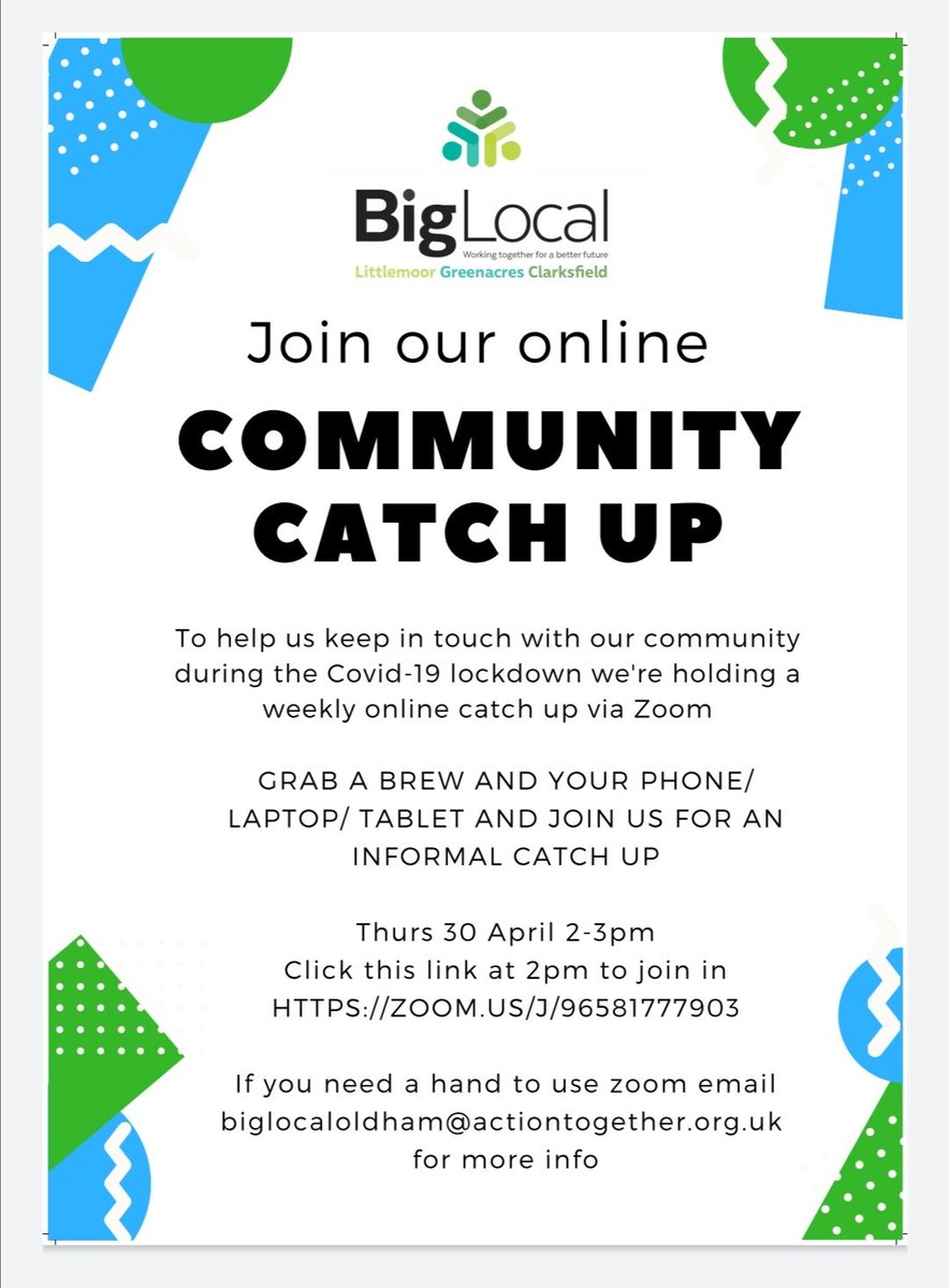 BigLocal_Oldham's tweet photo. #OldhamHour
This Thursday we're hosting a Community Catch up via Zoom!
To help us keep in touch with our #biglocaloldham residents. Grab a brew and join us from 2pm ☕ 👍 https://t.co/o7Yo9KByRW