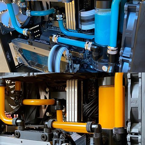 ModMyMods's tweet photo. How about a little before and after from our good friend @travissouders 

Orange is before - Blue is after. 

Love the cables and the fluid color :D Nice work mate!

#CustomPC #Watercooling #SingleSleeved #CustomCables #DIY #Hydrocopper #DominatorRAM #Corsair #EVGA #EKWB #Barrow https://t.co/QuYi211nlL