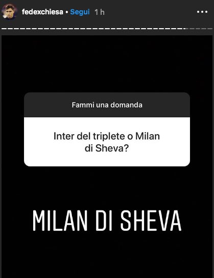 🚨- فيديريكو كييزا لاعب فريق فيورنتينا يُغازل ميلان عبر انستيجرام :

' ميلان شيفا أفضل من فريق انتر الذي حقق الثلاثية '. 😍🔴⚫️