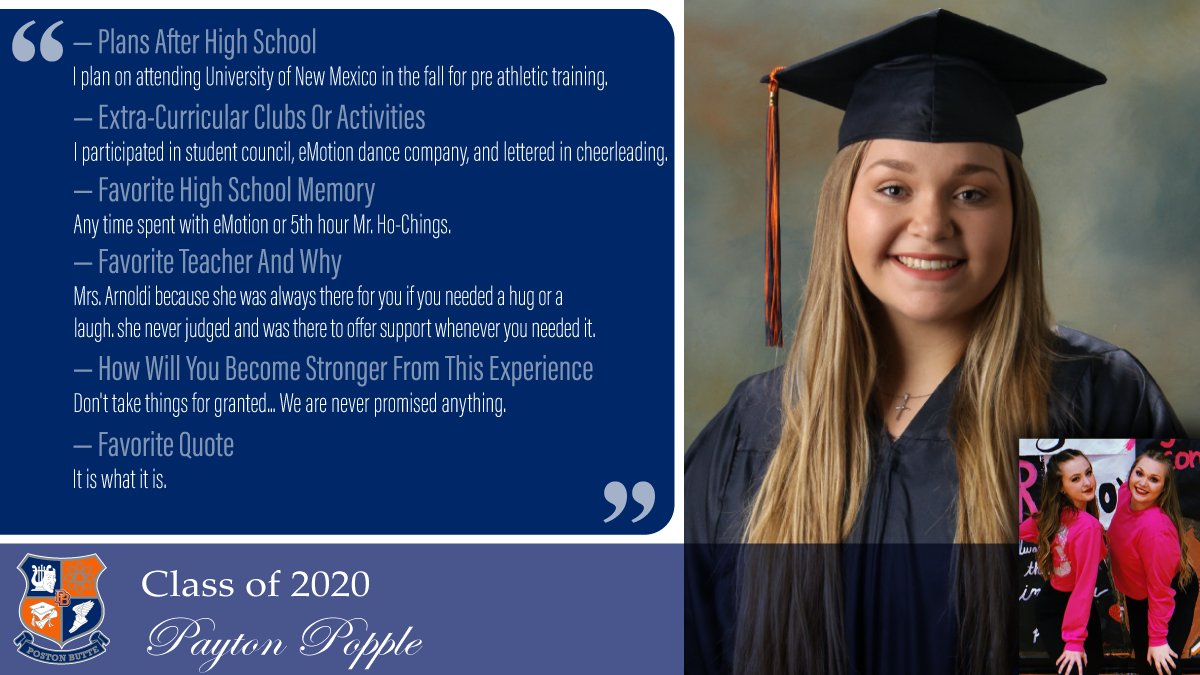 Poston Butte High School - Florence Unified (@pbhighschool) on Twitter photo We’d like to introduce you to Class of 2020 student Payton Popple <a href="/pbhs2020/">SENIORSSSSS</a> <a href="/PBHS_Yearbook_/">PBHS Yearbook 2021-2022</a> <a href="/Florenceusd/">Florence Unified</a> <a href="/PBHSBloodDrive/">PBHS Blood Drive</a> <a href="/PBHSLinkCrew/">PBHS Link Crew</a> <a href="/PBHStuco_/">PBHS Stuco</a> #BroncoStrong #OnceABroncoAlwaysABronco #ClassOf2020 #FUSDAchieves We’d like to introduce you to Class of 2020 student Payton Popple <a href="/pbhs2020/">SENIORSSSSS</a> <a href="/PBHS_Yearbook_/">PBHS Yearbook 2021-2022</a> <a href="/Florenceusd/">Florence Unified</a> <a href="/PBHSBloodDrive/">PBHS Blood Drive</a> <a href="/PBHSLinkCrew/">PBHS Link Crew</a> <a href="/PBHStuco_/">PBHS Stuco</a> #BroncoStrong #OnceABroncoAlwaysABronco #ClassOf2020 #FUSDAchieves
