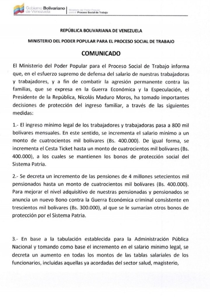 Carlaprensa1's tweet photo. A través de un comunicado, #Venezuela tiene otro aumento de sueldo en plena #CuarentenaNacional #27Abril #ULTIMAHORA https://t.co/pZ7ALPZugJ