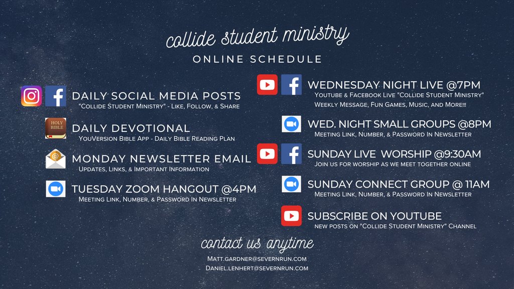 collideatsr's tweet photo. Join the Severn Run Student Ministry online! Check out our full schedule of events on https://t.co/jXxFlEu5yJ and be sure to join us live on Facebook or YouTube Wednesdays at 7 PM. https://t.co/yCspK78DnO